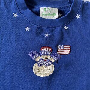 Quacker Factory Womens Blue Long-Sleeve Snowman & American Flag Embellished Shir